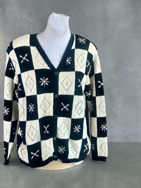 Liz Claiborne Vintage Black and White Checkered Cardigan Sweater Size 1X